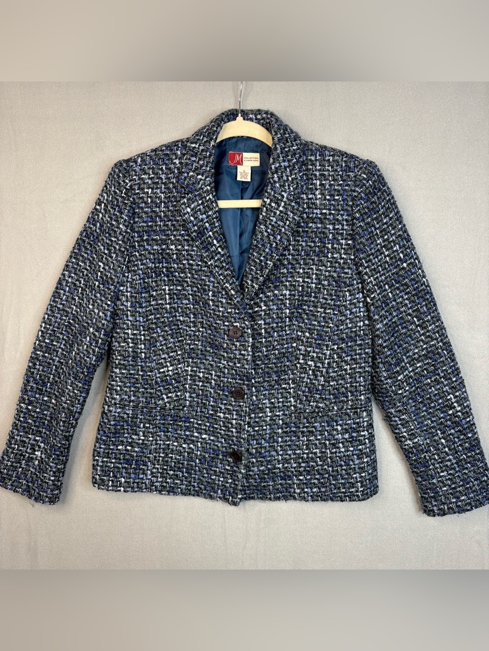 JM Collection Jennifer Moore Tweed Wool Blend Blazer Jacket Size 8 Blue